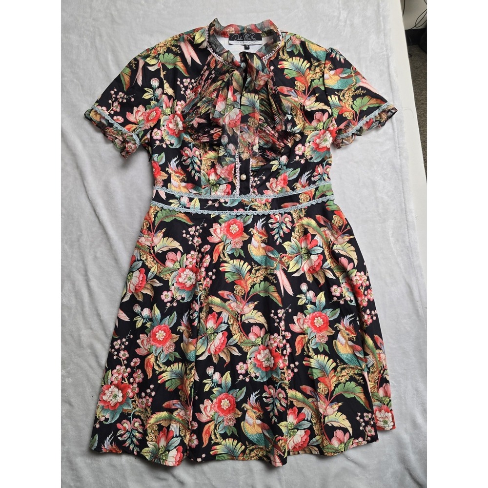 Large Dalia MacPhee Dress Black Floral Bird Tie Neck Whimsy Lace Pearls